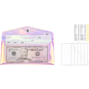 Clear Rainbow Wallet Set With  Envelopes, PVC  Holder, 6 count Divider, Pocket and Tab Stickers for Bill Planner and  Organizer