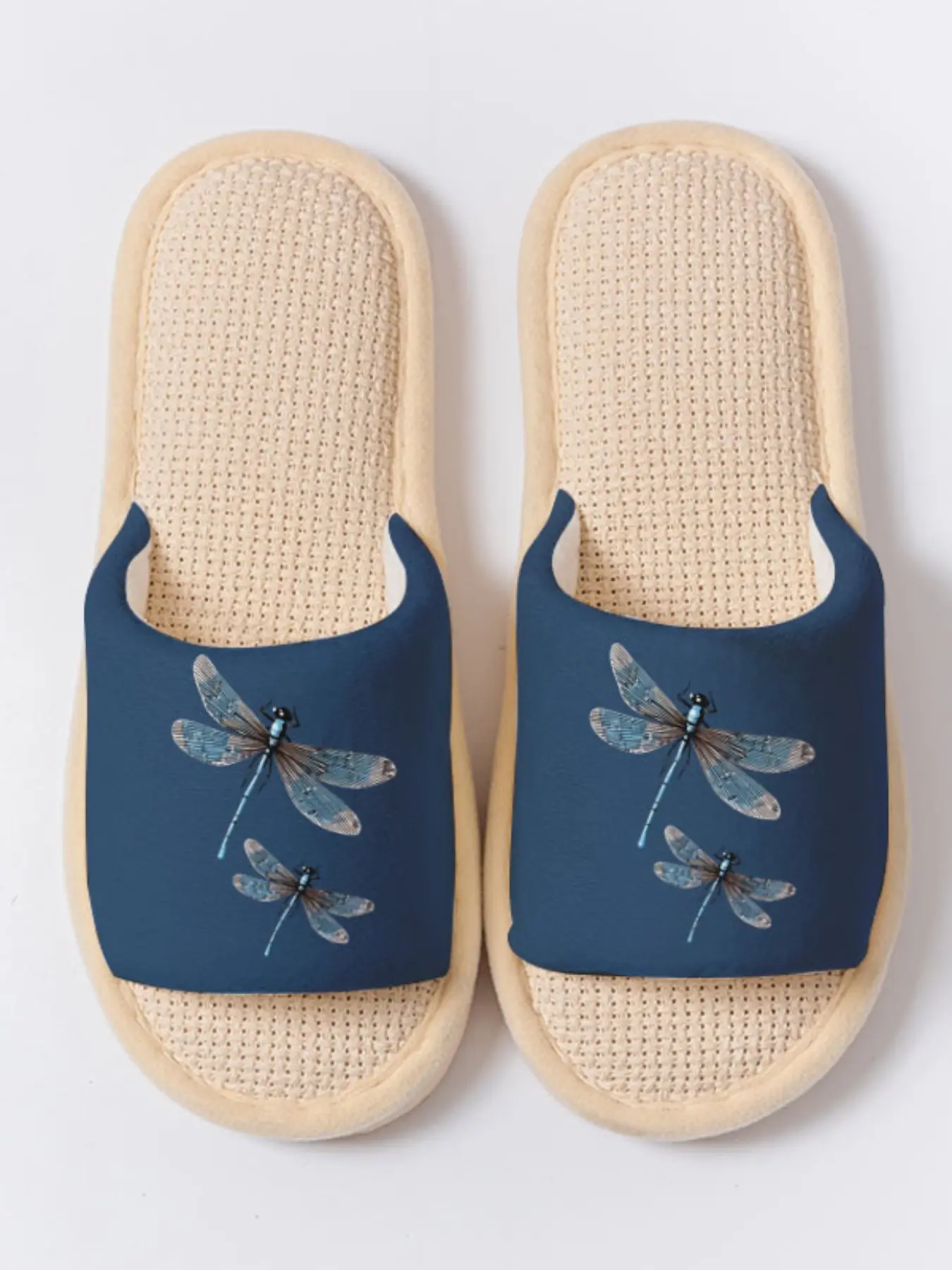 Blue Dragonfly Print Elegant Linen Slippers, Non-slip Breathable Lightweight All Season House Slipper Home Shoes for Women Men Family Daily Guest Indoor Wear
