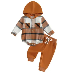 Baby Boys Outfits Long Sleeve Plaid Hooded Romper Button Bodysuits with Elastic Waist Drawstring Pants 2Pcs Toddler Baby Boys Clothing Sets