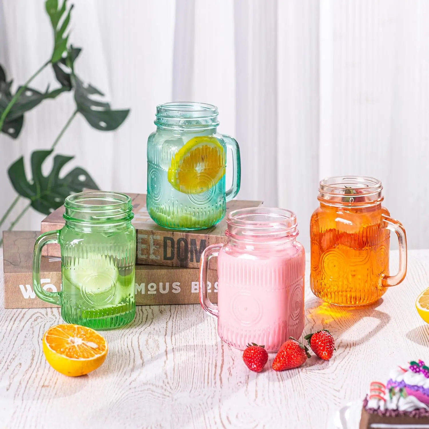 Amzcku Vintage Colored Drinking Glass Mason Jar 16 OZ with Comfortable  Handle for Party Beverages 6 pcs - TikTok Shop