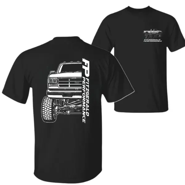 Fitzgerald Performance OBS Ford FP Lifted Truck T-Shirt – Bold White Graphic Tee Featuring Classic Super Duty Diesel Truck & Vertical Logo, Perfect for Truck Enthusiasts & Off-Road Fans.