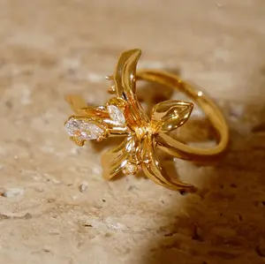 Original Lily Flower Diamond Set Open Ring with Female Charm, Light Luxury, Cold Wind, Finger Ring
