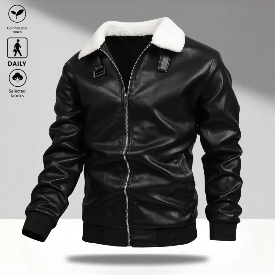 Men’s black shearling PU leather pilot jacket—minimalist casual style. Solid black leather base with a subtle, refined look. Detachable shearling lapel adds visual interest. Distinct from regular leather jackets; fine stitching is secure and durable. Elas