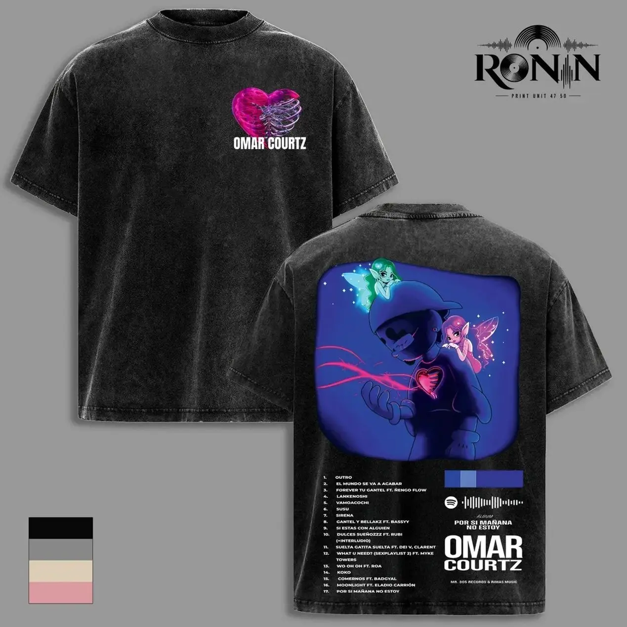 Oversized Graphic T-Shirt & Washed TeeOmar Courtz Por Si Mañana No Estoy Album - Heart Design Front with Full Tracklist Neon Art Print on Back, Premium Soft Cotton Unisex Streetwear Tee Comfortable Casual Wear Tank Top, Sweatshirt, Hoodie N48