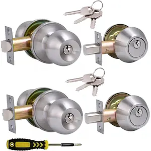 All Keyed Same Door Knob and Single Cylinder Deadbolt Combo Set, Round Ball Satin Nickel Exterior Door Knobs with Lock and Keys for Entrance and Front Door