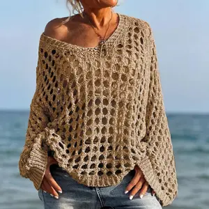 Women's Oversized Crochet Sweater Y2K Long Sleeve Hollow Out Knit Pullover Slouchy Lightweight Boho Beach Cover Up Top - Mother's Day Gift