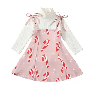 Toddler Christmas Outfit Girl Rib Knit Long Sleeve Pullover Shirt Candy Cane Spaghetti Strap Tie up Overall Dress Little Girl Christmas Princess Dress Clothes 2Pcs Suspender Pink Skirt Set