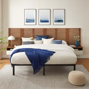 Render Wall Mount King Headboard and Modern Nightstands in Walnut