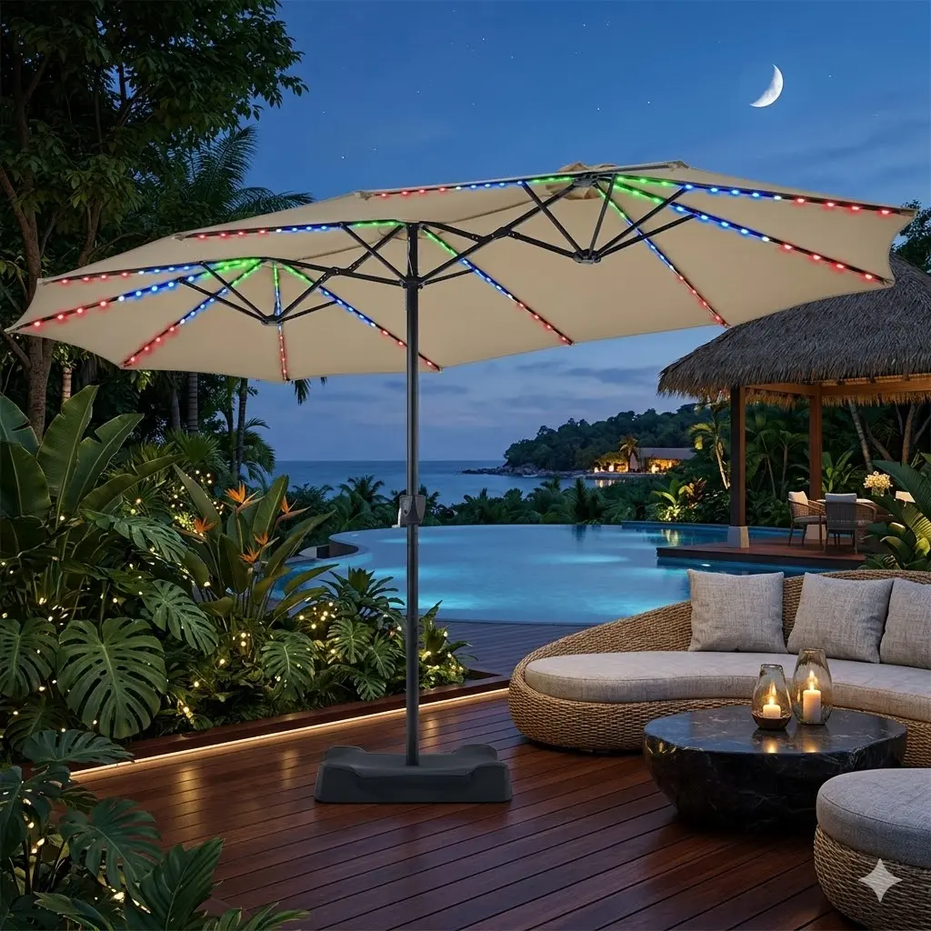 colored patio umbrella lights String with 16 Color Changing and 12 Modes, Remote Control 104 Ultra Bright LED Beads Waterproof Battery and USB Operated with 8 Light Strings for Patio Umbrellas Camping Tents Patio Premium Double Head Outdoor Umbrella is made from sturdy steel poles and 100% premium polyester fibre Watch Before You Purchase A