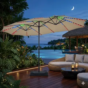 【RGB Lights】Yaheetech 13/15ft Massive 12-Mode Color-Changing  Solar Patio Umbrella UV & Weather Resistant with Multi-Mode LED Lights Strips and Base Stand Triple-Vented Outdoor Umbrella