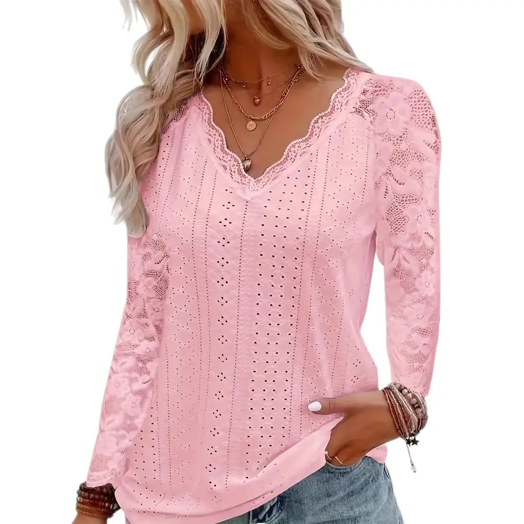 Women's 2026 Spring New Lace Spliced Hollow Out Long Sleeve Blouse, Fashion Casual Top for European American Cross‑Border Wholesale