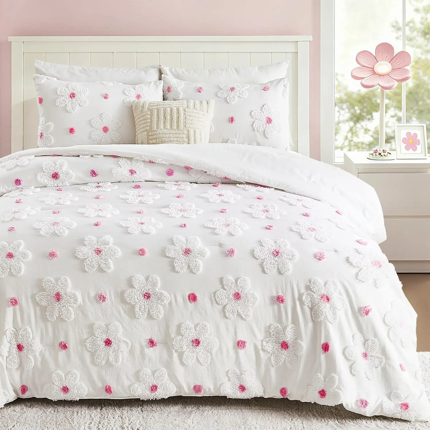 2 Pieces Tufted Daisies Flowers Twin Size Pink Floral Bedding Set Cute Comforter Set for Kids, Lightweight Bed Set for Kids Teen Girls Women |     Twin Com