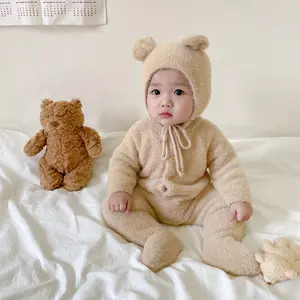Baby Bear Ear Knitted Outfit Set - Soft Fuzzy Jumpsuit with Matching Hat, Button-Front Footed Romper for Newborns & Infants, Multiple Colors Available