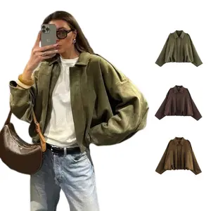 Women's Suede Bomber Jacket Spring Lapel Pilot Coat Casual Oversized Long Sleeves Trendy Streetwear