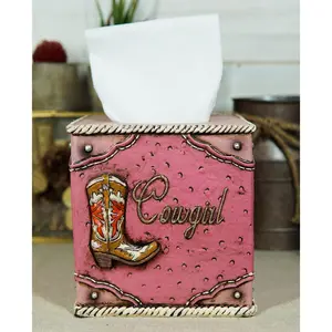 Western Cowgirl Boot with Horseshoe Fabulous Pink Tissue Box Cover Sculpture