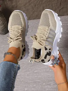 Women's Fashion Leopard Print Lace Up Low Top Sneakers, Casual Comfortable Sports Running Shoes, Female All-match Round Toe Shoes for Daily Wear, Knit Running Shoes