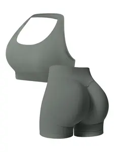 Women's Two-Piece Sports Set, sports fitness wear, Halter Top Design, Neckline & Shoulder Line Accent, Front Embroidered Seam, Short Pants, Unique Waistband