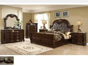 Marble tufted bedroom set. This set comes with 4 pieces , a bed, a night stand, a dresser, and a mirror.