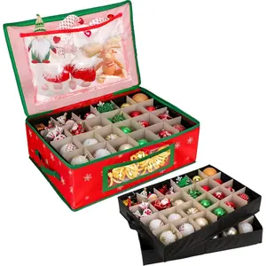 Ornament Storage Box, Underbed Christmas Ornament Storage Container with Dividers, 2 Removable Trays for 48-3" Ornaments, Christmas Storage Containers with Handles for Holiday Decorations