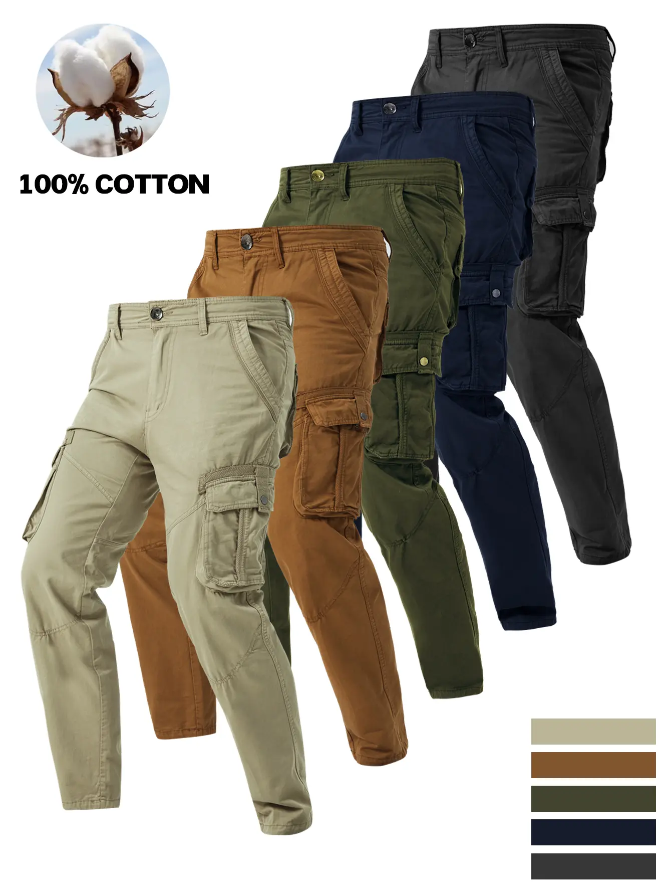 Five-color series pure cotton cargo pants for men, functional casual long pants for outdoor outings