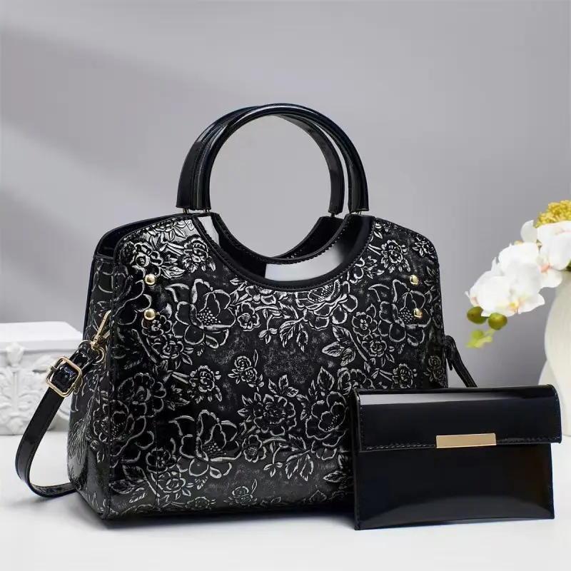 A106-Floral Embossed Patent  Handbag Women Crossbody Bag 2Pcs Satchel And Clutch Set