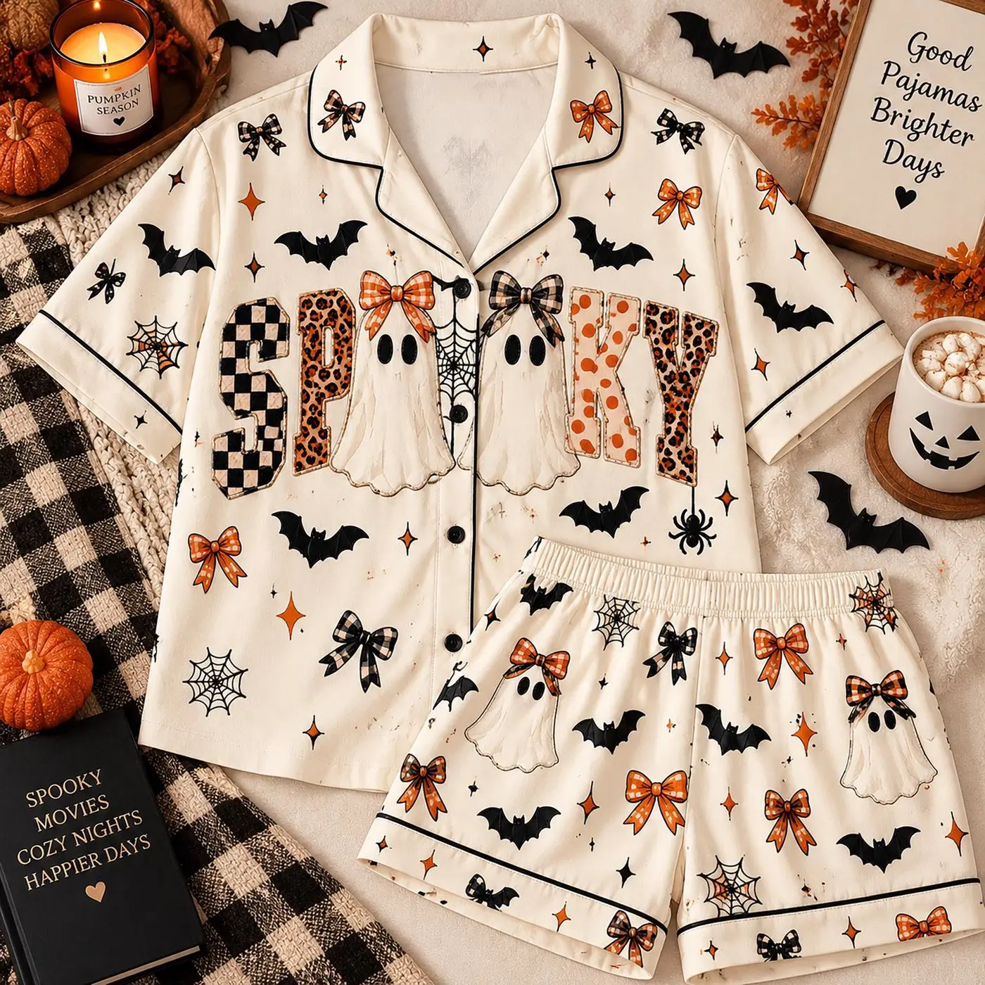 Preppy Spooky Ghost Pajama Set, Cozy Gingham Checkered Sleepwear Set, Beautiful Spooky Season Gift For Her Set