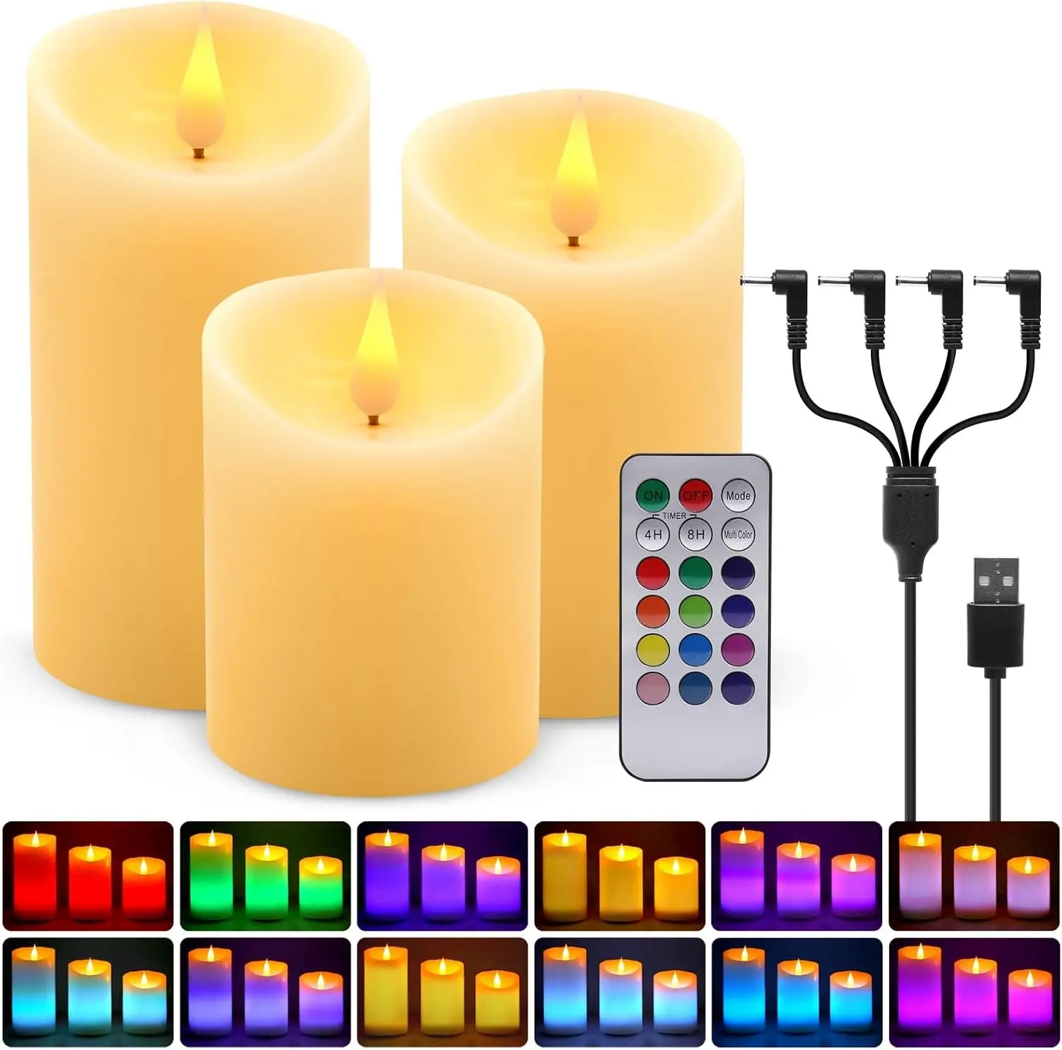 RGB&Warm White Real Wax Rechargeable Candles Flickering Remote