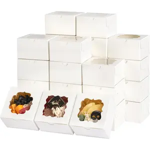 150 count White Small Cookie Boxes with Window,4x4x2.5 Inch Small Bakery Boxes, 3 Style, Cookie Boxes Bulk for Dessert,  Strawberries Donuts and Party Favor