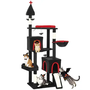 PawHut Gothic Cat Tree, 78" Cat Tower with Coffin Bed, 2 Spacious Condos, Sisal Scratching Posts, 4 Bat Hanging Balls, Comfy Hammock, Black Halloween