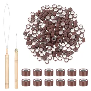 200 count Hair Extentions Beads 4mm  Lined  Beads with Pulling Hook , Bead Device Tool Kits for Hair Extensions(Dark Brown)