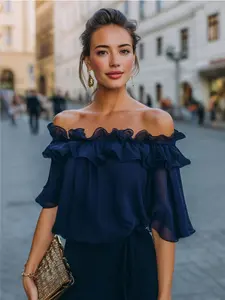 Elegant One-Shoulder Ruffle Top, Chiffon Midi Sleeve Shirt, Women's Fashionable Upper Bodywear, Perfect for Daily Wear & Special Occasions