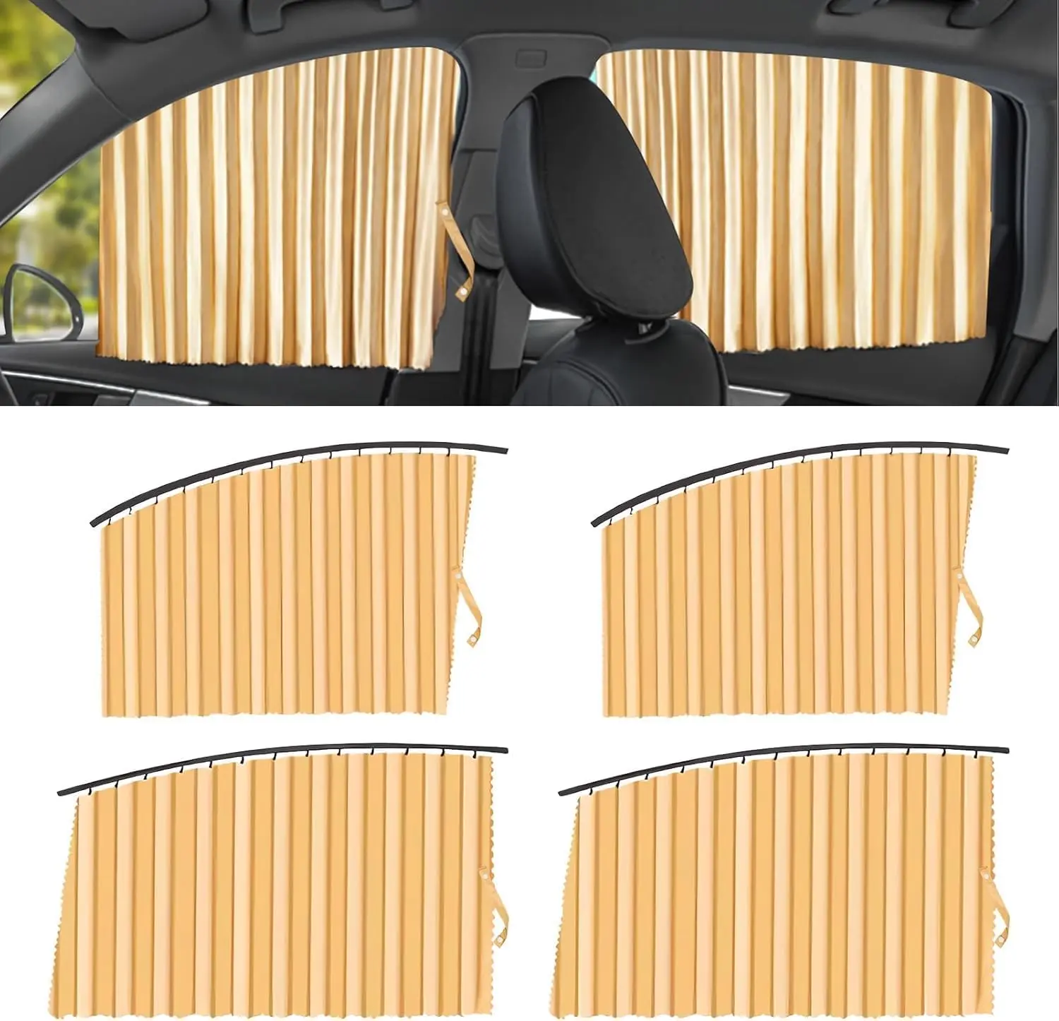 4 Pack Upgraded Magnetic Car Side Window Sunshades, Slide Rail Design Blackout Privacy Curtains, Light Blocking Window Covers for Sleeping & Camping, Stylish Black Car Blinds with Straps, Gold