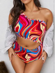Plus Size Women's Fashion Sexy One Shoulder Print Waist Cut Out Monokini Swimsuit, Stylish and Comfortable Swimwear for Summer, One Shoulder Swimsuits