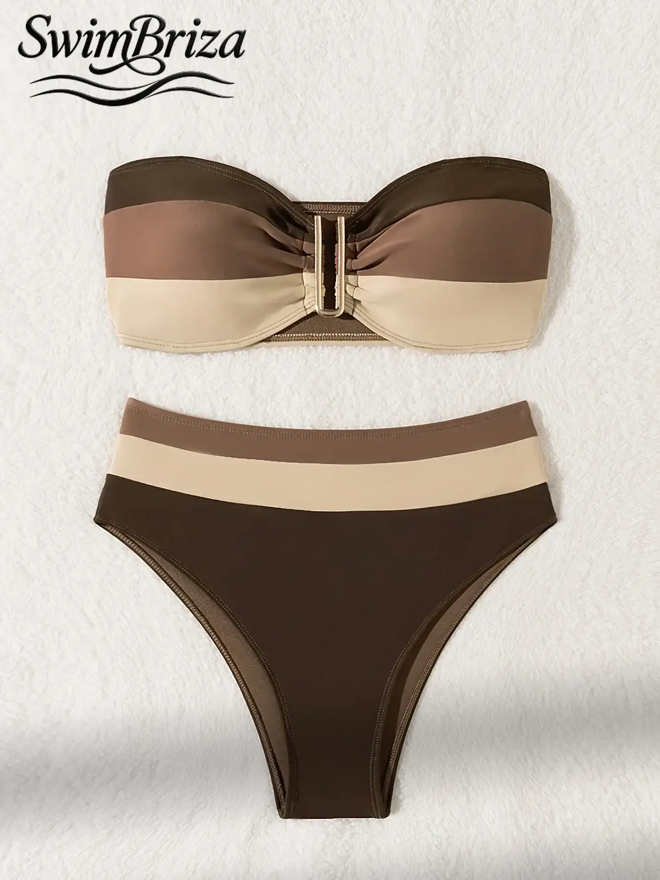 Briza｜Strapless Ruched Bandeau Brown Beige Color Block Bikini With High Waisted Bikini Sets Styling As A Two-Piece Swimsuit For Resort Days And Vacation Swimwear For Women, Padded Bathing Suit Women Set With Retro Swimwear Confidence