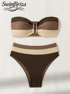 Briza｜Strapless Ruched Bandeau Brown Beige Color Block Bikini With High Waisted Bikini Sets Styling As A Two-Piece Swimsuit For Resort Days And Vacation Swimwear For Women, Padded Bathing Suit Women Set With Retro Swimwear Confidence