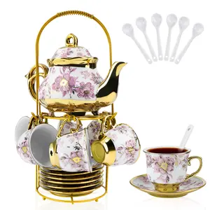 20 Pcs Porcelain Tea Set with Metal Holder, European Ceramic Tea Set for Adults, Adult Tea Set Gift, Flower Tea Cup Saucer Set for Party With Gold Flower Painting (Purple)