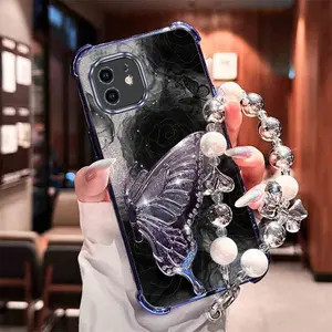 Luxury 3D Butterfly & Ink Rose Pattern Phone Case with Beaded Chain Strap for iPhone 11/11 Pro/11 Pro Max/12/12 Mini/12 Pro/12 Pro Max/13/13 Mini/13 Pro/13 Pro Max