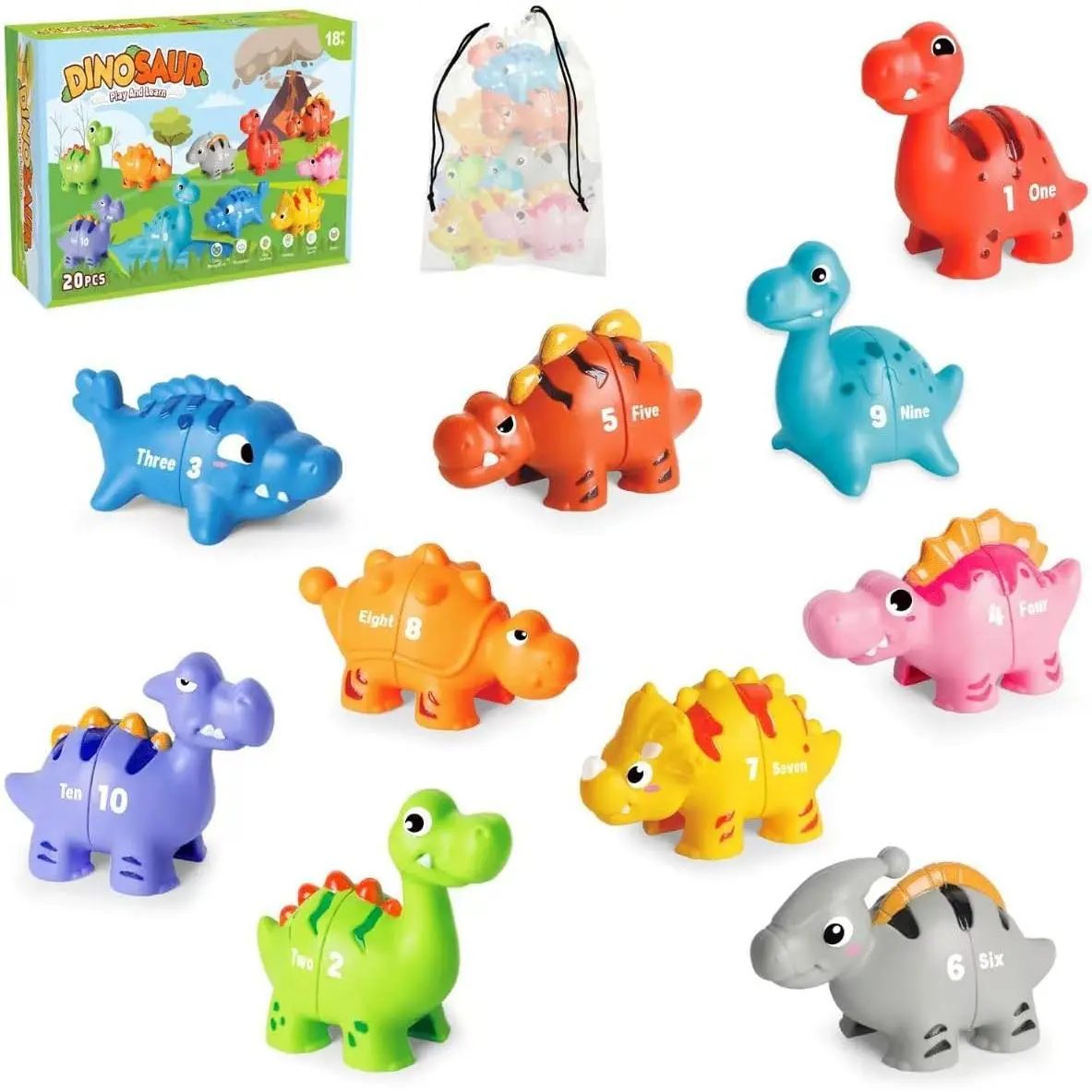 F-ELT02 Unisex Montessori Dinosaur Number Learning Toys (20 PCS) for Toddlers 3-5, 10 Dinosaur Figures, Double-Sided Number Matching Game, Preschool Fine Motor Toys for Preschool Activities to Build Brain & Fingers