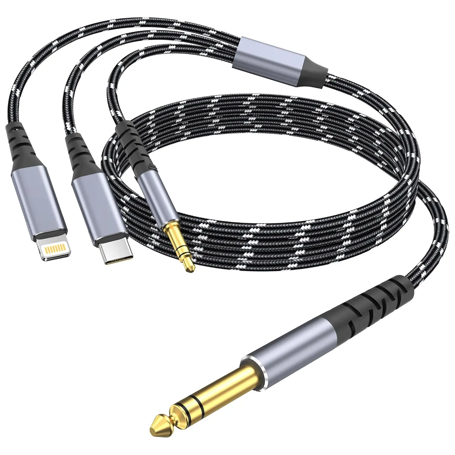 3-in-1 Lightning to 1/4" TRS Stereo Audio Male Aux Cable, Accessory Compatible with iPhone 13 Pro, iPad for Amplifier, Mixer