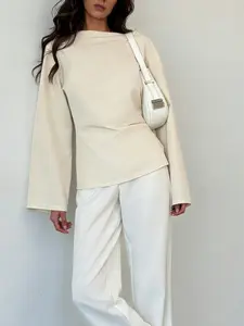 A women's light and mature style Long Sleeve waist cinched shirt with a fashionable one collar design and flared sleeves for slimming and versatile commuting. Suitable for spring and autumn, home, indoor, and outdoor wear