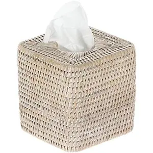 Tissue Box Cover- Decor Tissue Holder for Bathroom, Bedroom, Office Desk, Living Room-Facial Tissues, Wicker Tissue Box, Cube Boxes, White Wash