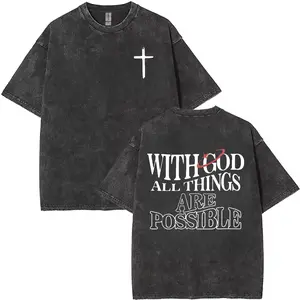 Men's vintage washed cotton T-shirt with the design 'With God all things are possible' from Matthew 26:41, loose fit short-sleeve shirt, black with white lettering, casual attire, high-quality fabric