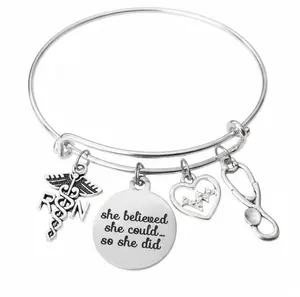 She Believed She Could So She Did RN Bracelet - Registered Nurse EKG Charm | Adjustable Silver Bangle