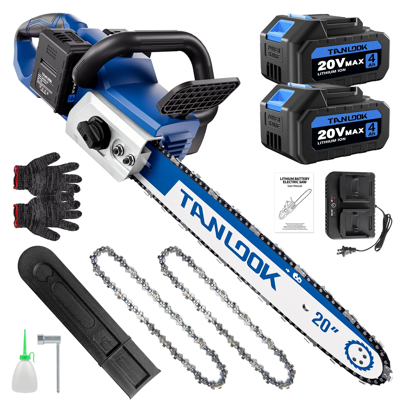 TANLOOK 20V Max Cordless Brushless Electric Chainsaw, 20" Bar, 2 Rechargeable 4Ah Batteries, Dual Charger, 2 Extra Chains & Full Accessories for Garden Tree Pruning Woodworking, 2 Rechargeable Batteries
