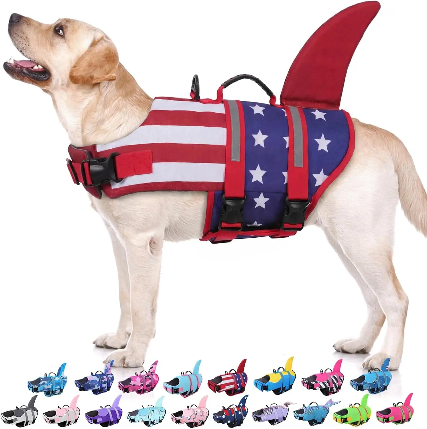 Dog Life Jacket - Shark Life Vest for Swimming Boating - Reflective Lifejacket Swimsuit for Small Medium Large Dogs - High Buoyancy Lifesaver Preserver with Rescue Handle, USAFlag Shark XL