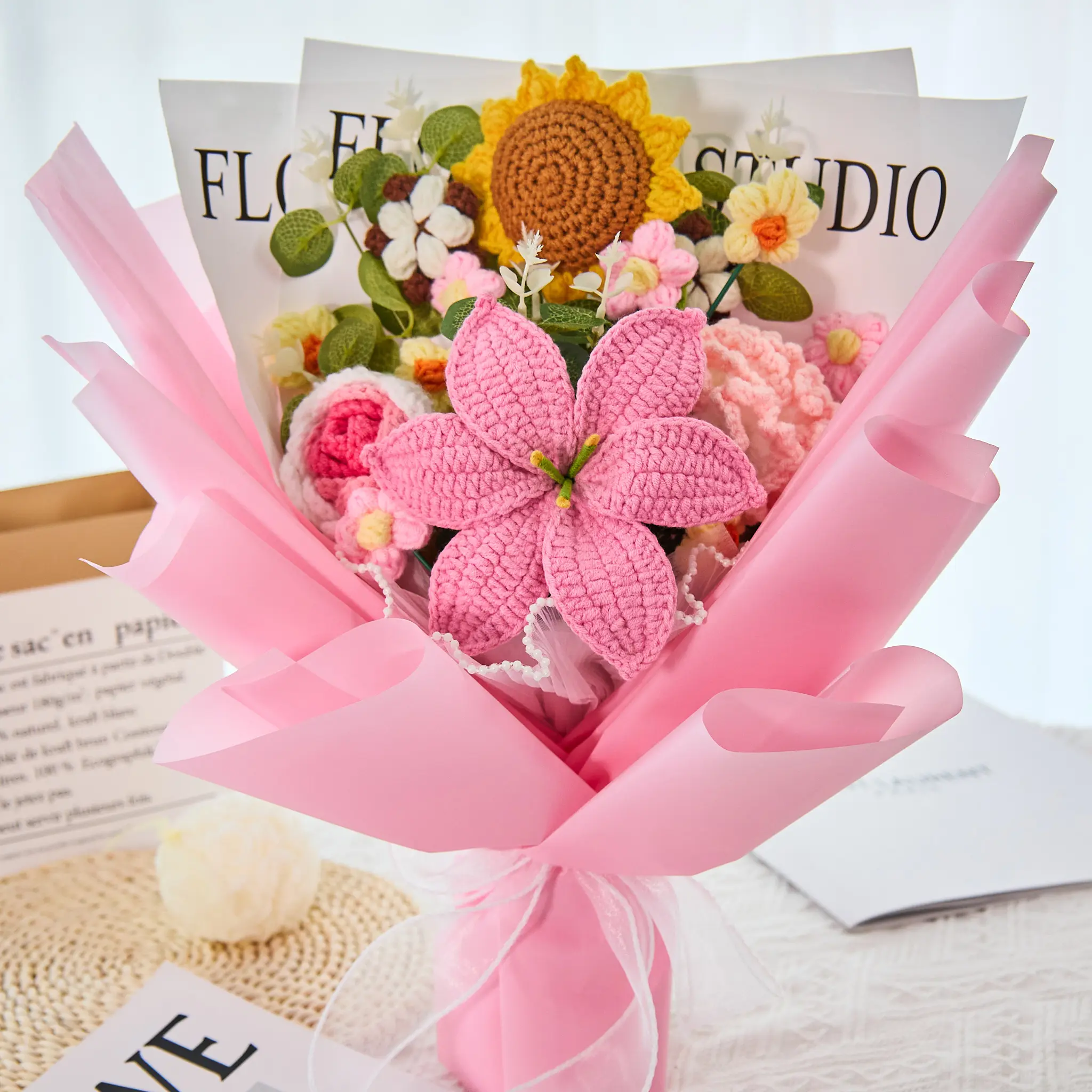 Handmade Crochet Flowers Bouquet Gift for Girlfriend Birthday Wedding Anniversary Just Because Graduation Gift with Sunflower Tulip Rose Carnation Forever Flowers for Her with Greeting Card US Fast Shipping Multi Color Home Decor Women's Gift