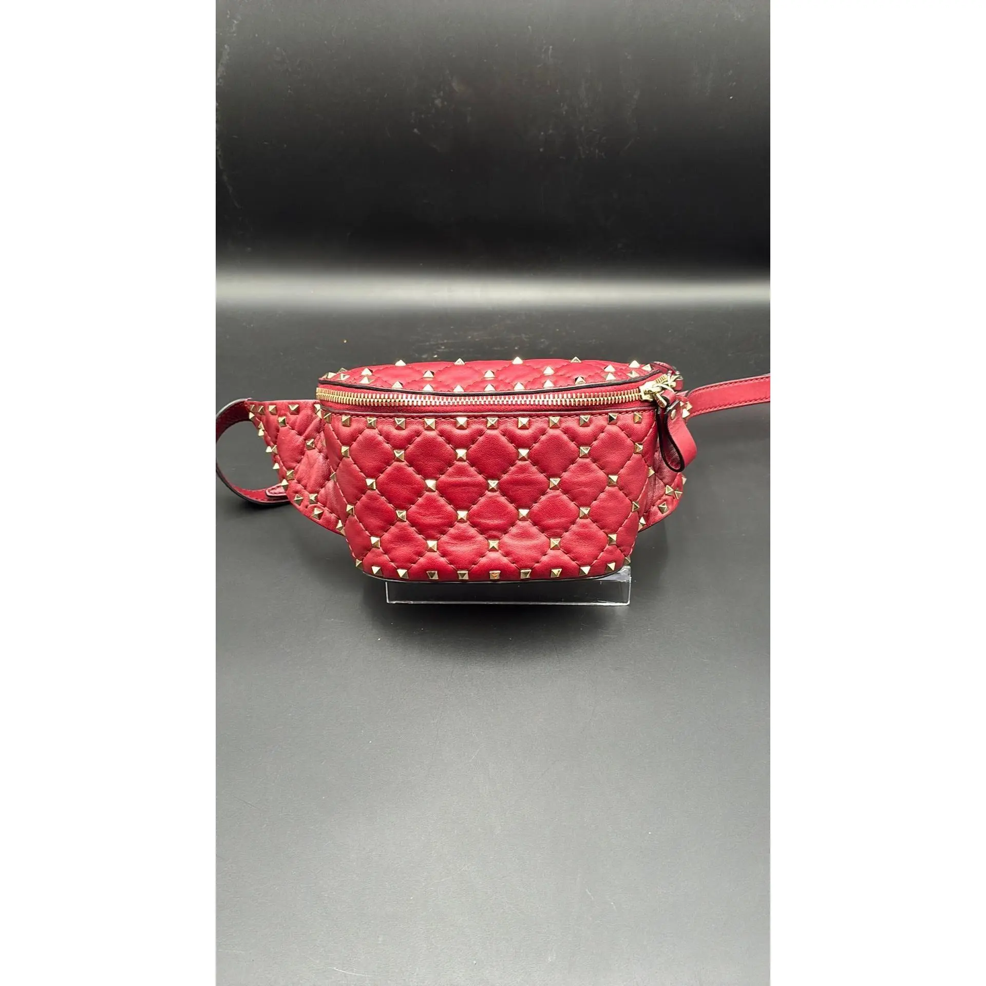 Pre-owned Leather Luxury Bags & Accessories Valentino Garavani Rockstar Spike Belt Bag, Burgundy Date Code: GFQB46NAP2. Entrupy ID: 44MCGVW.