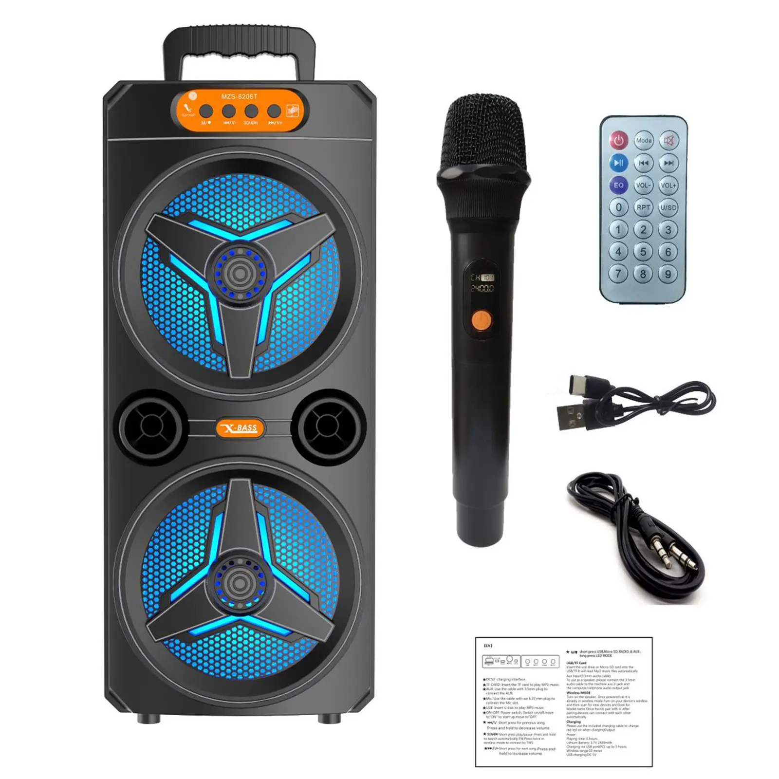 Portable Speaker with Wireless Microphone Large Boombox Speaker Support TWS/AUX/USB/TF Card/FM Radio for Outdoor Party Beach Backyard Home