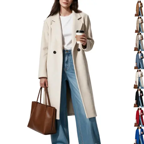 Molitree Women's Beige Formal Mid-Long Wool Blend Notch Lapel Double-Breasted Button Trench Coat, Chic Jackets & Coats, Cold Weather Outer Layer Style