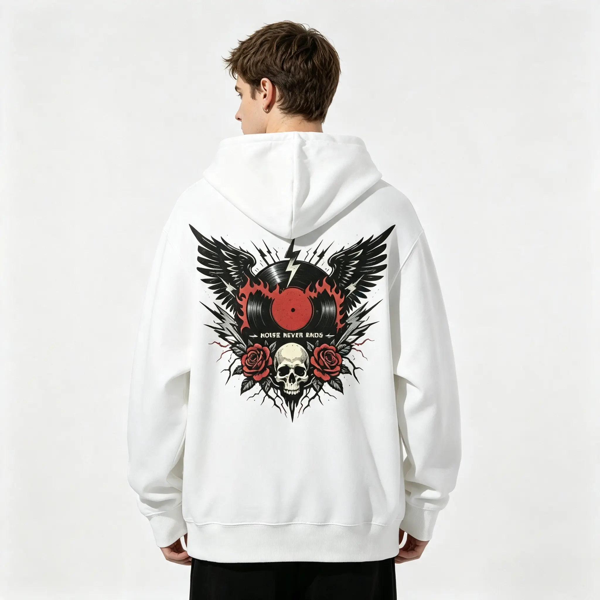 Unisex Soft Fleece Drawstring Hoodie Vintage Gothic Skull Rose Vinyl Wings Back Print Sweatshirt For Men Women Rock Metal Street Casual Daily Wear